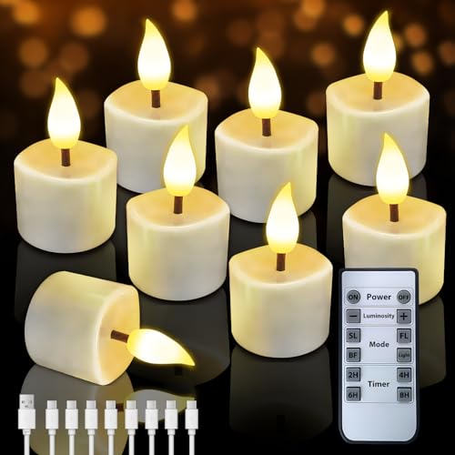 JNOEC Rechargeable Flickering Flameless Candles, 8 Pcs Fake Electric Tea Lights with Remote Control and Timer, Safe & Realistic Flame Effect LED Candles for Party, Wedding, Aniversary, Easter Decor