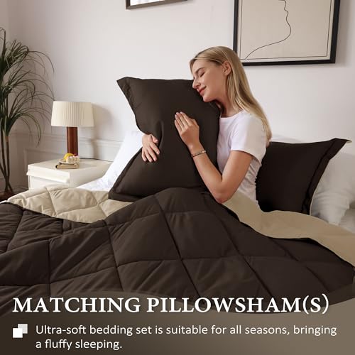 Image of downluxe California King Comforter Set - Brown and Tan Cal King Comforter Set, Soft Bedding Sets for All Seasons - 3 Pieces - 1 Comforter (104 inchx96 inch) and 2 Pillow Shams(20 inchx36 inch)