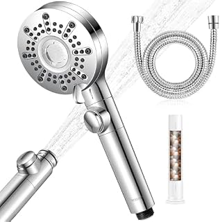 berssen Alcachofa de Ducha 5+1 Modos de Cabezal Ducha con Filtro, Botón Stop Apagado con un solo Toque, Modo Pistola de Agua, Filtro de Carbón Activo(Duchas de Baño+Manguera Ducha1.5m)