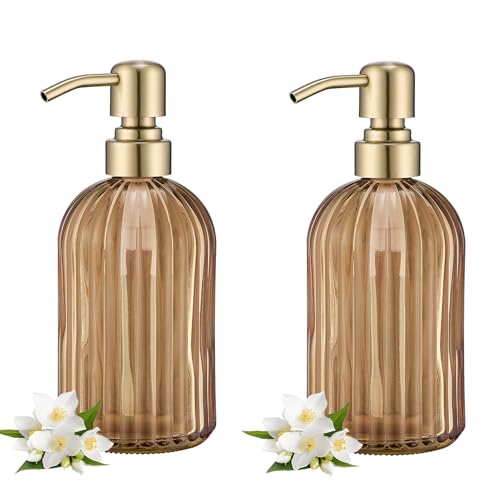 Image of 16 OZ Amber Glass Soap Dispenser, Amber Stripe Bathroom Hand Soap Dispensers with Stainless Steel Brushed Gold Pump,Brown Glass Kitchen Hand Soap Dispenser with Brushed Gold Pump,2 Packs