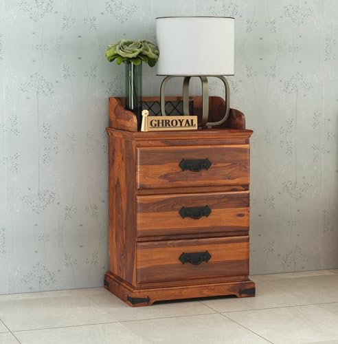 Image of Solid Sheesham Wood Bedside Table with 3 Drawer Storage End Table Sofa Side Table for Living Room Home and Office (Honey Finish)