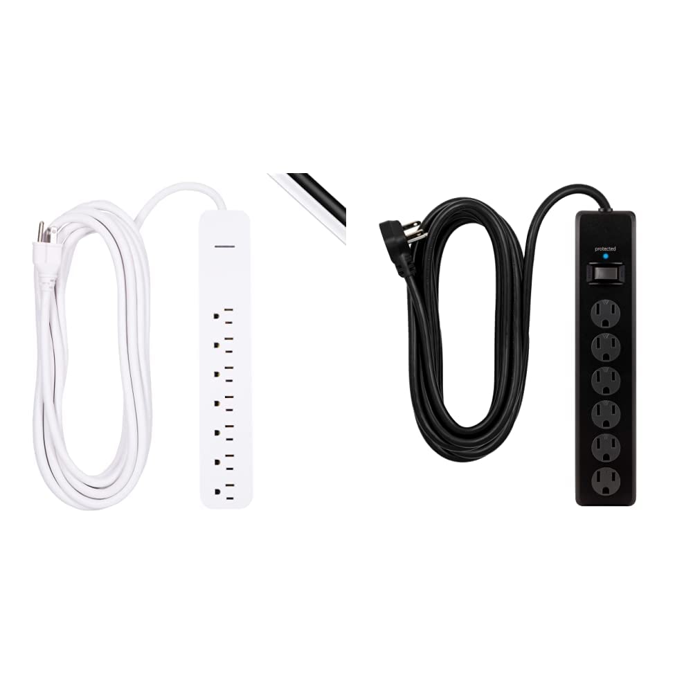 GE Pro 7-Outlet Surge Protector, 25 Ft Extension Cord, White & 6-Outlet Surge Protector, 20 Ft Exten