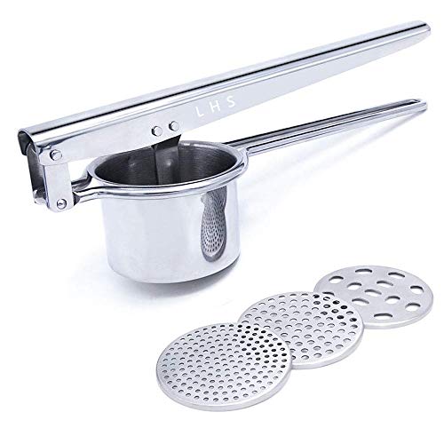 Stainless Steel Potato Ricer Masher with Good Grip Handle and 3 Interchangeable Discs for Fine Medium and Coarse Easy to Use for Potatoes Fruits Vegetables Baby Food and More