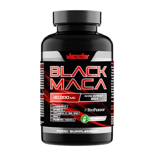 Maca Negra Andina 40.000mg - Extracto 20:1 - Maca Negra Peruana + L-Arginina + Ginseng + Zinc + Vitamina C, B6 y B12 - Alta Concentración - Potencia tu Energía y Vitalidad - 120 Cápsulas - Vaexdar