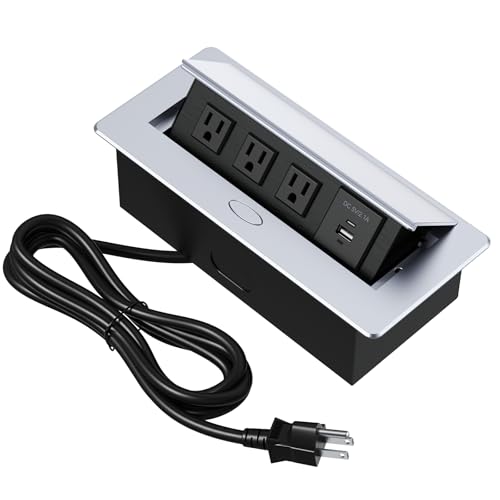KYHSHJ Connection Box Desktop Pop Up Outlet with 3 * 15A Receptacle，2.1A 1 USB-A Ports &1 USB-C Port，Corrosive Resistant Hardware,Silver