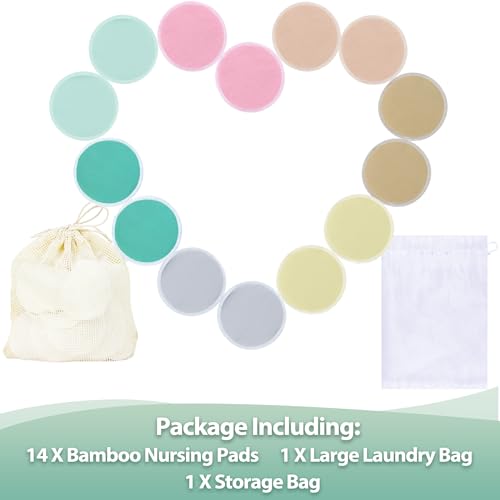 Image of wegreeco Nursing Breast Pads (14 Pack) + Laundry Bag & Travel Storage Bag, 4.7 inch Option - Washable & Reusable Breastfeeding Nursing Pads (Red, Yellow, and Blue, Large, Plain Shape)