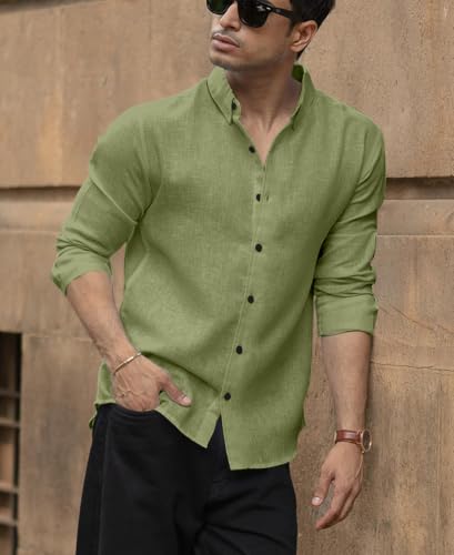 Image of NexaFlair Men's Shirt Regular Fit Solid Pattern Linen Cotton with Long Sleeve Collared Neck Standard Length and Button Down Closure Type | Mens Casual Shirts | Man's Formal Shirts
