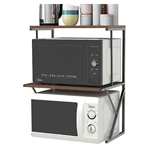 2 Tier Desktop Shelf Printer Rack for Home Office Free Standing, Kitchen Countertop Microwave Oven Unit Shelving Stand Rack with Drawers for Household Storage Organizer Metal Frame Wood Tabletop Cover