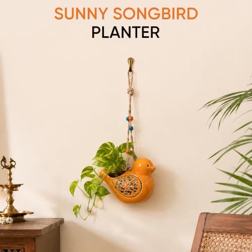 Image of AAKRITI ART CREATIONS Ceramic Hanging Planter | Sunny Songbird Design, Abstract Art, Yellow Matte Finish | Decorative Hanging Pot for Indoor & Outdoor Home Decor