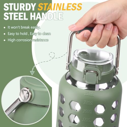 Image of MUKOKO 84 oz Glass Water Bottle, Stainless Steel Handle, Olive