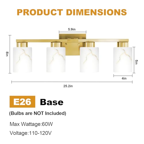 Image of 4-Light Bathroom Light Fixtures, Modern Vanity Lights, Gold Metal Wall Lamp with White Marble Glass for Bathroom, Mirror, Living Room, Bedroom, Cabinet, Porch, Hallway, E26 Base