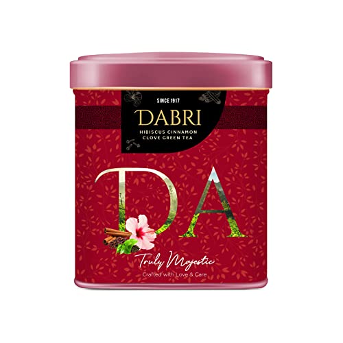 Image of Dabri Hibiscus Green Tea 40gm Tin Box| Premium Loose Leaf Blend with Cinnamon, Clove & Green Tea | Pure Natural Hibiscus tea leaves & Spices | Supports Weight Management, Hair Regrowth
