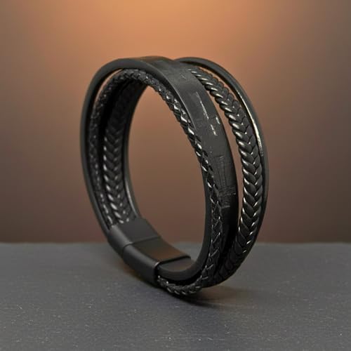 Image of THE MEN THING Leather Bracelet for Men - American Style Genuine Leather Multi-Layer Braided Bracelet with 100% Stainless Steel Magnetic Buckle for Men & Boys (8 inch)