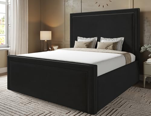 Image of Furnishion Imperial Single Bed Frame 3ft, Modern Plush Velvet Design, Luxury Wooden Single Bed Frame for Bedroom, Durable, Stylish & Comfortable Bed Frame Single in Black Plush