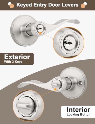 Image of Gobrico 5 Pack Keyed Entry Lever with Same Key, Satin Nickel Wave Door Handle Set, Exterior Door Knobs with Lock and Key