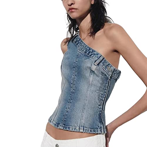 Women Denim Tube Vest Top Sleeveless One Shoulder Skinny Casual Strapless Corset Crop Tops2