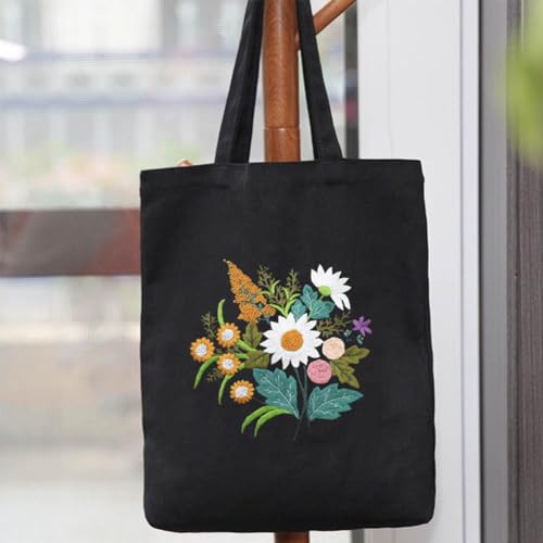 Image of KABAKE Canvas Tote Bag Embroidery Kit, Embroidery Kits for Beginners, Arts and DIY Crafts Embroidery Starter kit, Include Stamped Embroidery Bag, Threads, Embroidery Tools (Black Bag with Floral)
