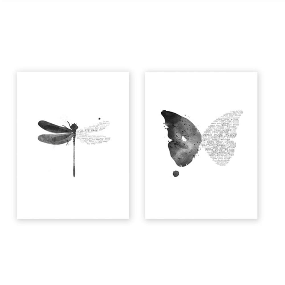 Cuadro en Lienzo Estilo nórdico Arte de la Pared Cartel de la Mariposa libélula Marco Blanco y Negro Decoraciones Imagen para la Sala 60x90cm (23.6 "x35.4) x2 con Marco