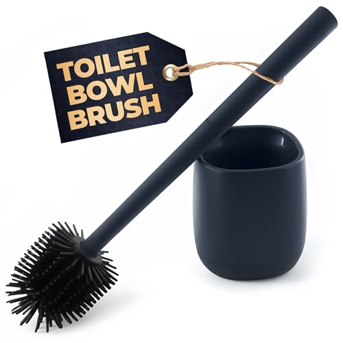 Image of Toilet Brush and Holder Set - Silicone Toilet Bowl Brush with Black Holder Base, Compact Bath Accessory for Small Spaces - Easy to Place and Simple to Store After Use, Plastic Bathroom Cleaning Tool