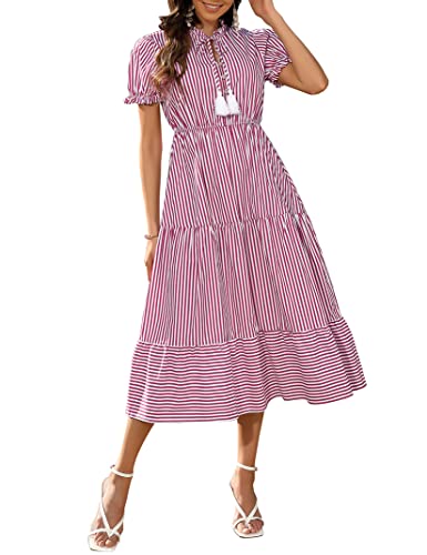 MISSKY Women's Striped Midi Dress Tie Neck Puff Sleeve Elastic Waisted  Ruffle Flowy Party Dresses,Wine&White_XL at Amazon Women's Clothing store