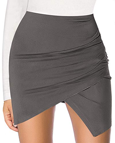 Image of MANGOPOP Women's Basic Faux Suede High Waist A-line Mini Pencil Bodycon Skirt (B03 Grey(Asymmetrical), Large)