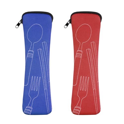 Vicloon 2 Piezas Bolsa de Cubiertos Portátil con Cremallera para Guardar en Camping, Picnic, Trabajo, Escuela y Viajes (Rojo/Azul)