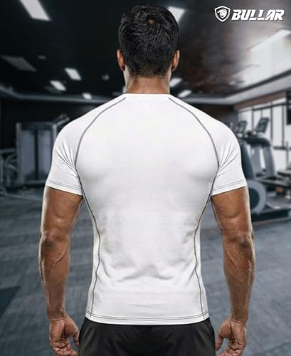 Image of BULLAR Men's Polyester Blend Compression T-Shirt, Half Sleeve Athletic Sports Tight, Crew Neck, Slim Fit Tshirt for Fitness and Workout