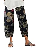 ZANZEA Women's Casual Harem Trousers Summer Boho Retro Print Cotton Cropped Pants Loose Fit Hippie Elasticated Waist with Pockets Lounge Yoga Pants Beach TrousersBeta Navy BlueM