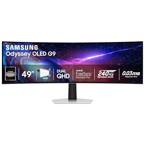 Samsung 49' Odyssey G93SC Series Curved Gaming Monitor, QD-OLED, 240Hz, 0.03ms, DQHD, G-Sync Compatible, FreeSync Premium Pro, Adjustable Stand