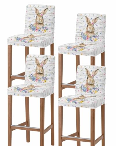 PIEPLE Spring Summer Bar Stool Cover Set of 4, Stretch Removable Bar Stool Chair Covers with Backs Pub Counter Stool Chair Slipcover for Dining Room Cafe Easter Bunny Farmhouse Woodgrain Flower