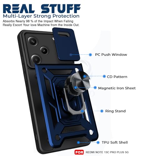 Image of AESTMO Polycarbonate Tough Armor Redmi Note 13 Pro Plus Bumper Back Case Cover|Ring Holder & Sliding Camera Shield Cover|360 Degree Protection Back Case Cover for Redmi Note 13 Pro Plus (Blue)