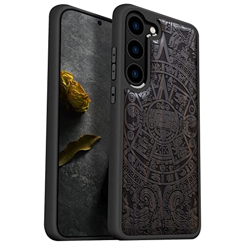 Coque silicone souple et bois gravé laser pour Samsung S23 motif calendrier maya