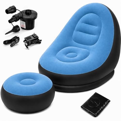 Image of Inflatable Lounge Chair for Adults with Ottoman, Foldable Air Sofa Couch, Portable Blow Up Chair for Living Room Bedroom, Comfortable Indoor Seating, 150 kg Capacity (Light Blue)