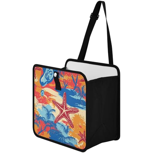 Image of Car Trash Can Organizer Bin with Adjustable Strap for Back Front Seat Console Waterproof Leakproof Collapsible Portable 11 Inch Bright Summer Beach Starfish and Palm Tree