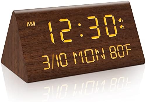 Kogonee Wooden Digital Alarm Clock, 0-100% Dimmer, 2 Alarm Settings, Weekday /Everyday Mode, 9 Mins Snooze, 12/24H, Temperature and Date Display for Office, Travel, Bedroom Alarm Clock (Brown)