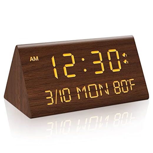 Kogonee Wooden Digital Alarm Clock, 0-100% Dimmer, 2 Alarm Settings, Weekday/Everyday Mode, 9 Mins Snooze, 12/24H, Temperature and Date Display for Office, Travel, Bedroom Alarm Clock (Brown)