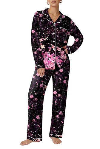 Image of Ekouaer Pajamas Women's Long Sleeve Sleepwear Soft Button Down Loungewear Pjs Lounge Set Nightwear XS-XXL