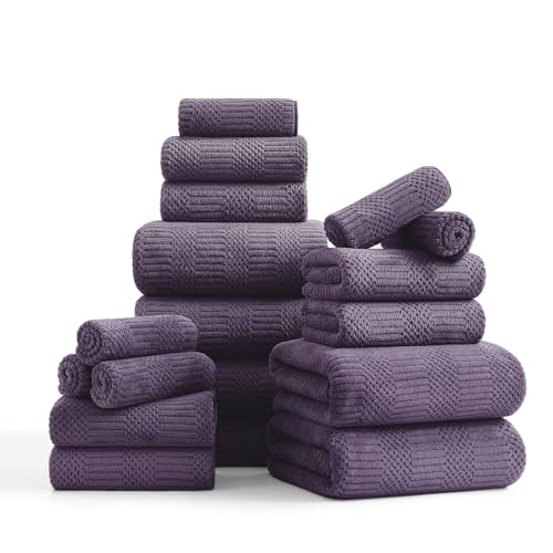 18 Pcs Purple Woven Family Towels Set-6 Bath Sheets,6 Hand Towels,6 Washcloths Soft Polyester Towels Absorbent Shower Towel Quick Dry Beach Chair Towel Lint Less Towels Set for Bathroom Spa Gym Hotel