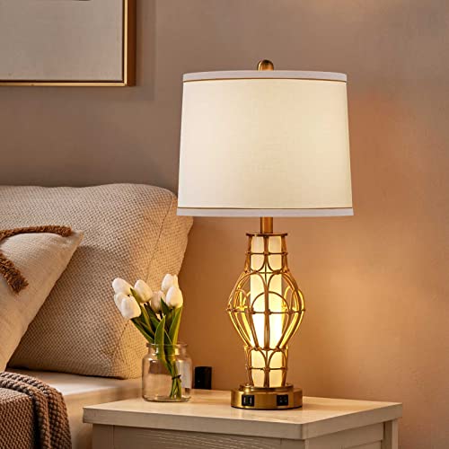 Kivditzo Rustic Farmhouse Table Lamps With Night Light Set Of 2 Wicker Bedside Lamp With Usb Ports Warm Gold + White Finish And Round Shade For Living Room Bedroom Home Office(26.5 Inch) #TOP5