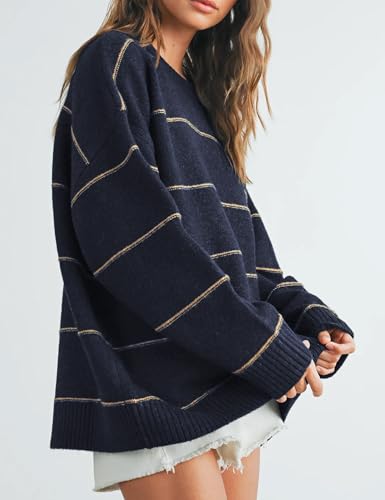 Womens Fall Striped Sweater Lightweight Long Sleeve Cable Soft Knit Oversized Pullover Sweaters Top2