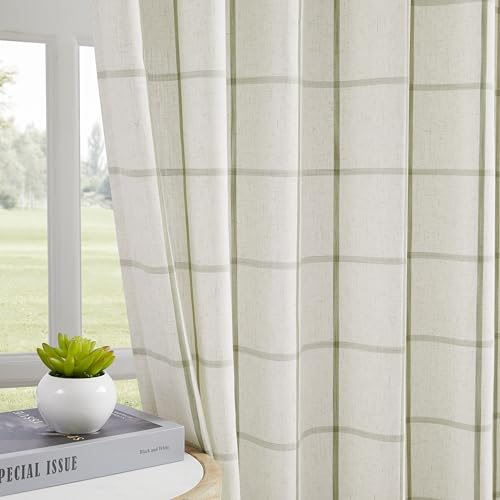 Vision Home Sage Plaid Linen Pinch Pleated Semi Sheer Curtains 40Wx90Lx2 - image 2