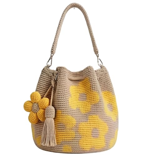 Sac de plage en crochet bohème tissé à la main avec pompon floral chic