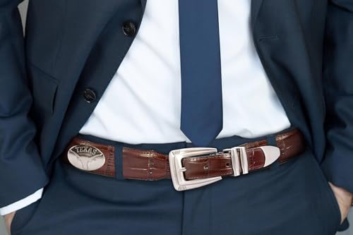 ZEP-PRO NCAA Texas Longhorns Men's Croc Leather Belt – Embossed Full Grain Brown Strap With Emblem Conchos – 1.25" Wide Collegiate Accessory With Silver Tip, Size 443