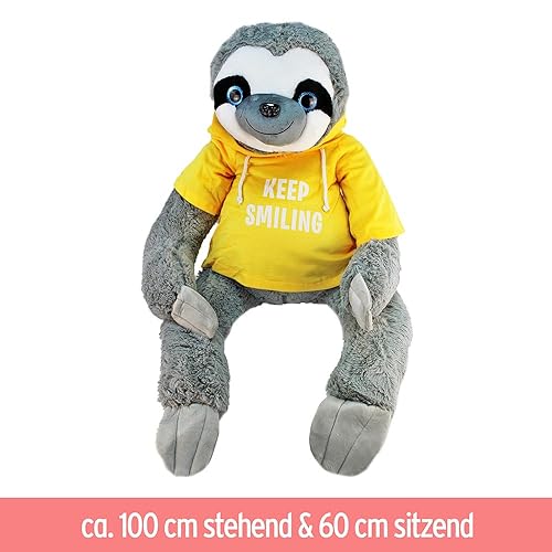 BEMIRO Faultier Kuscheltier XXL gelb Keep Smiling - 100 cm, Faultier Kuscheltier mit Pulli, Kletthände zum anhängen, Plüschtier mit Hoodie