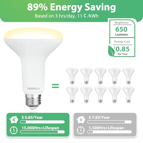 Image of DEGNJU 8 Pack BR30 LED Bulb, Dimmable Indoor Flood Lights 7W Equivalent 65W 2700K Soft White, CRI80, 650 LM, E26 Base, 15000 Lifetime Hours, Interior Energy Saving Recessed Light Bulb, Flicker-Free