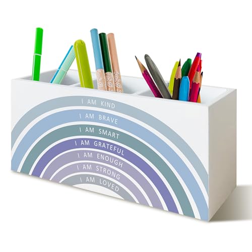 YTRGI Blue Boho Rainbow Positive Affirmations Pen Pencil Holder for School Classroom Office Desk, Book Center Calming Corner Playroom Decor, Inspirational Makeup Brush Toothbrush Holder Organizer