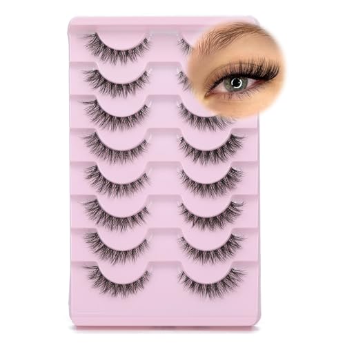 GVEFETIEE Cat Eye Lashes 8 Pairs Mink False Eyelashes Natural Look Soft Faux Mink Lashes Fluffy Wispy Lashes Handmade Lightweight Fox Eye D Curl Comfortable Clear Band Eyealshes