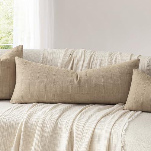 Image of Foindtower Set of 1 Decorative Linen Check Throw Pillow Cover Neutral Farmhouse Lumbar Cushion Cover Soild Modern Coastal Boho Home Decor for Sofa Chair Couch Bedroom Living Room,14x36 Inch,Camel