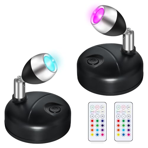2 Pack Wireless LED Spotlights With Remote Control, Color Changing RGB Battery Spot Lights Indoor, Mini Picture Light Dimmer Timer Wall Light for Cabinet Art Display Statue Plants Painting, Black