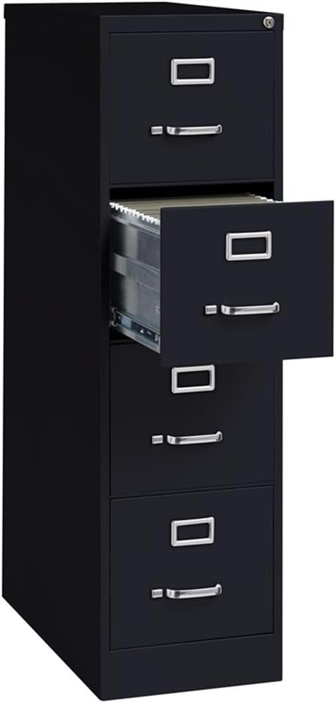Pemberly Row 4-Drawer Metal Filing Cabinet, 26.5" Deep, Letter Width, Black Finish, Commercial Grade, Vertical Design, Lockable, Durable Steel Construction, Ball-Bearing Slides for Office or Business
